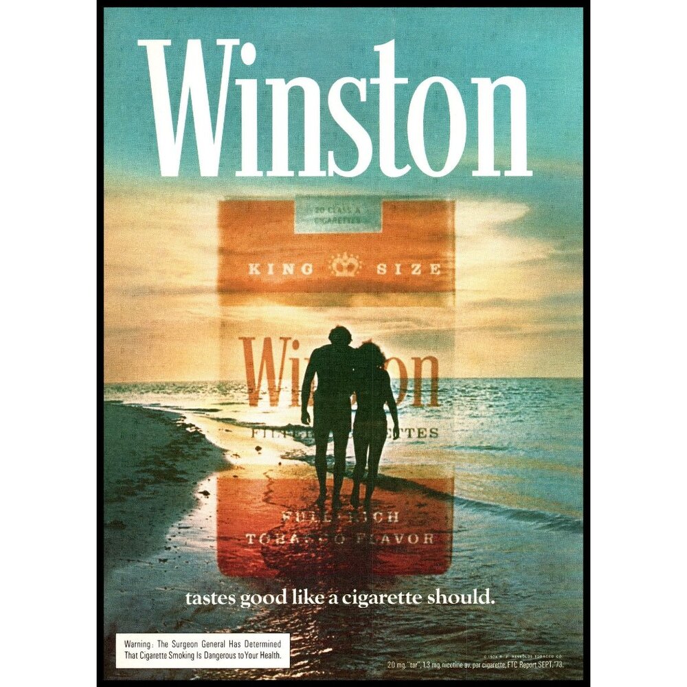 1974 Winston Cigarettes Vintage Print Ad Couple Sunset Walk on Beach Wall Art